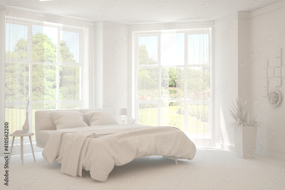 Stylish bedroom in white color with summer landscape in window. Scandinavian interior design. 3D ill