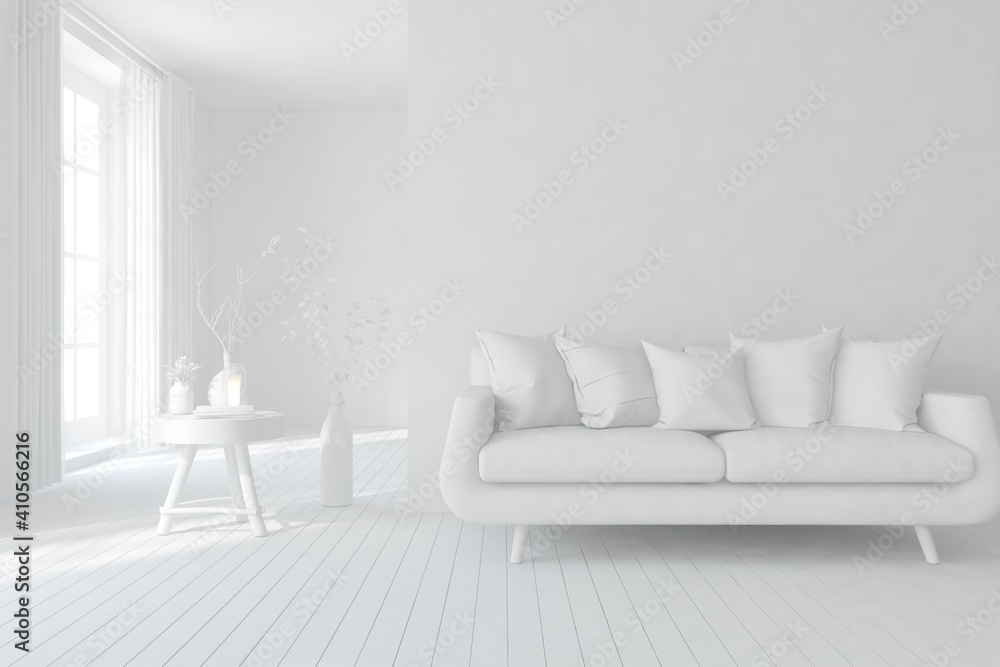 White minimalist living room with sofa. Scandinavian interior design. 3D illustration