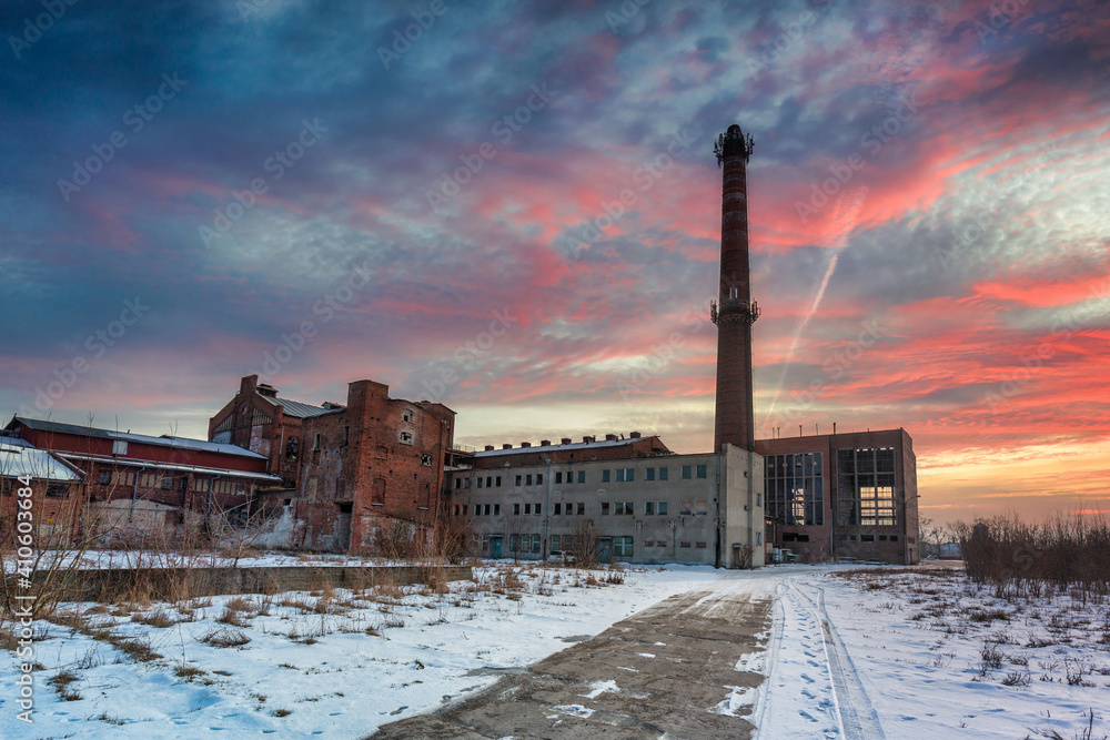 Ruins of a brick sugar factory in Pruszcz Gdański in winter, Poland