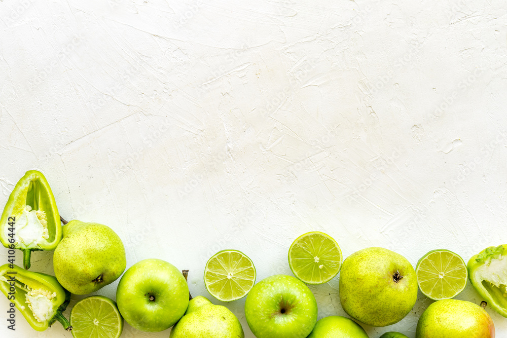 Green vegetables and fruits. Overhead view