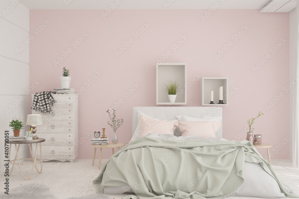 Pink bedroom interior. Scandinavian design. 3D illustration