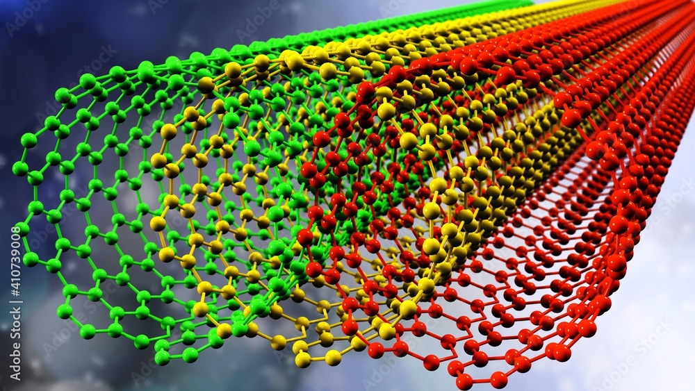 纳米管现代技术、石墨烯分子结构、碳纤维、3D渲染