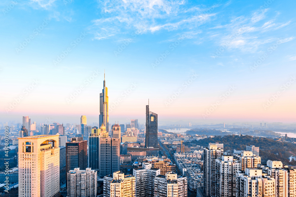 Dusk scenery of Zifeng Building and city skyline in Nanjing, Jiangsu, China 