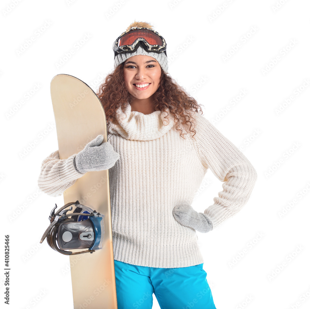 Female snowboarder on white background