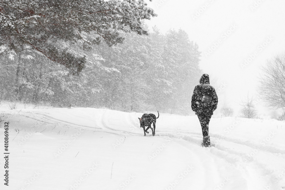 女孩在大雪中遛狗