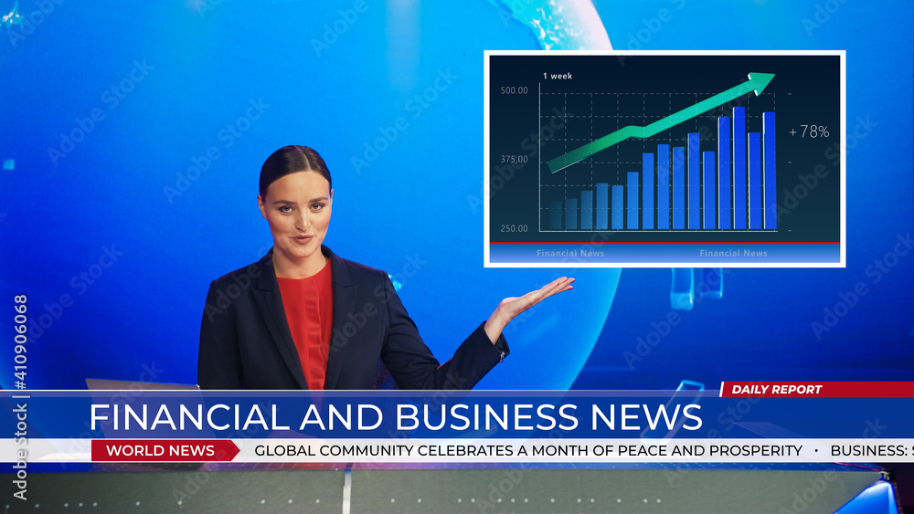 Live News Studio with Professional Anchor doing Financial and Business Report, Showing with a Gestur