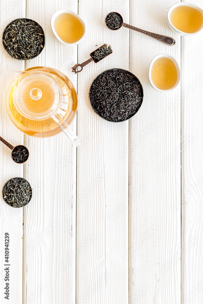 Asian tea ceremony with cups and teapot, top view