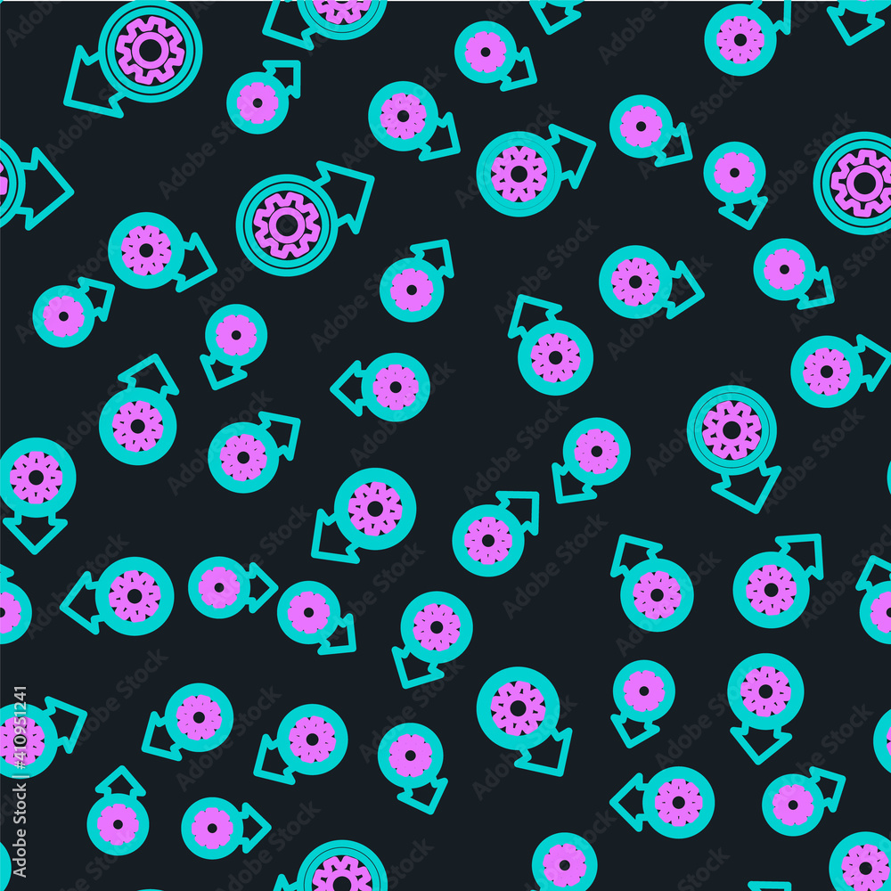 Line Gear and arrows as workflow process concept icon isolated seamless pattern on black background.