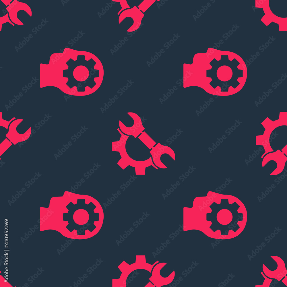 Set Human head with gear inside and Wrench spanner and gear on seamless pattern. Vector.