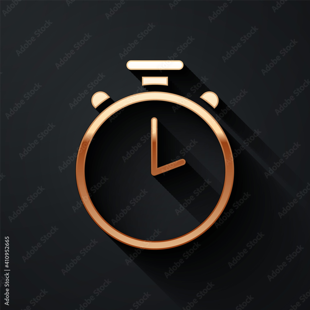 Gold Stopwatch icon isolated on black background. Time timer sign. Chronometer sign. Long shadow sty