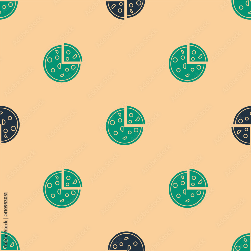 Green and black Pizza icon isolated seamless pattern on beige background. Fast food menu. Vector Ill