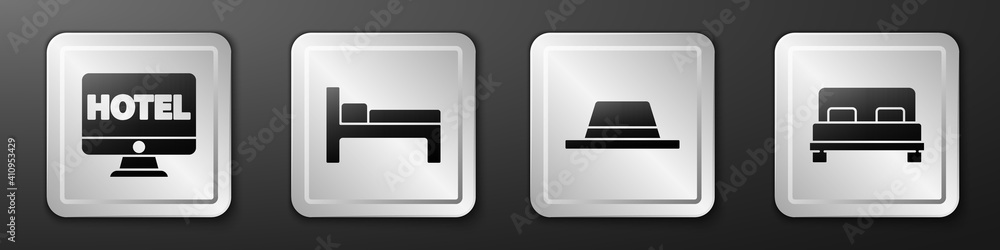 Set Online hotel booking, Bed, Man hat with ribbon and Big bed icon. Silver square button. Vector.