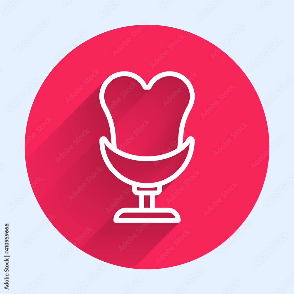 White line Armchair icon isolated with long shadow. Red circle button. Vector.