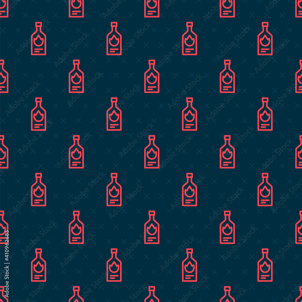 Red line Tabasco sauce icon isolated seamless pattern on black background. Chili cayenne spicy peppe