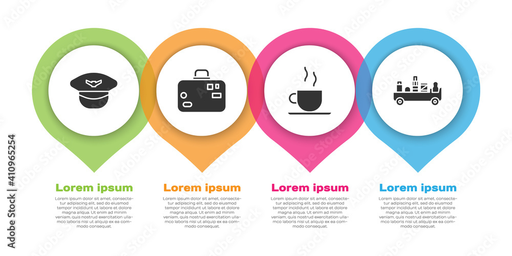 设置飞行员帽、手提箱、咖啡杯和机场行李牵引车。商业信息图模板。
