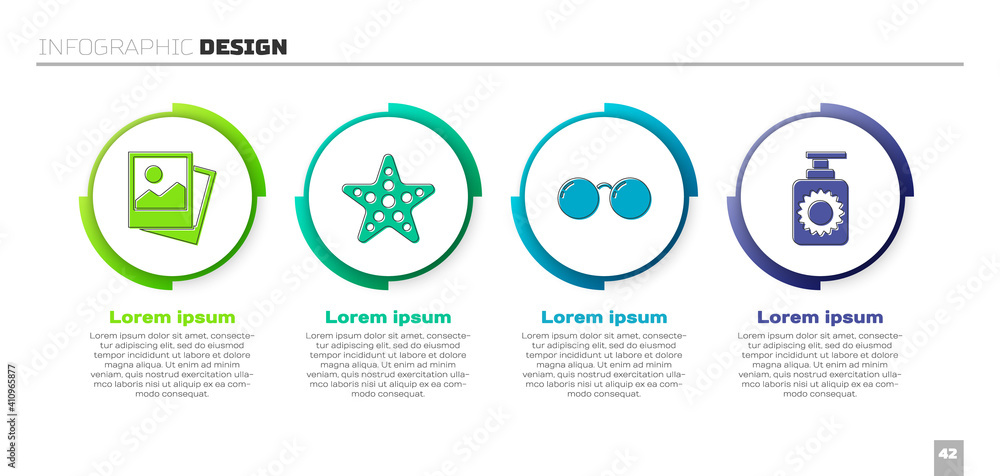 套装照片，海星，眼镜和防晒喷雾瓶。商业信息图模板。矢量。