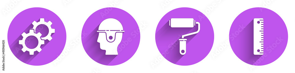 Set Gear, Worker safety helmet, Paint roller brush and Ruler icon with long shadow. Vector.