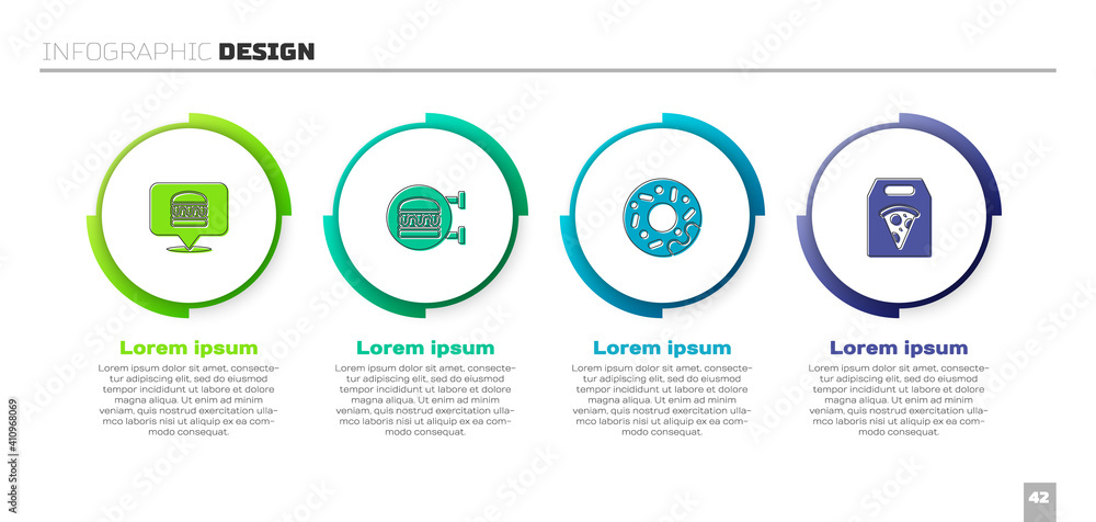 设置在线订购汉堡配送、甜甜圈和披萨。商业信息图模板。矢量。