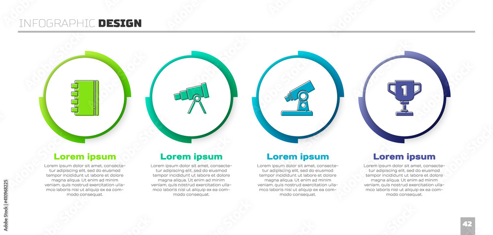 设置螺旋笔记本、望远镜、显微镜和奖杯。商业信息图表模板。矢量。