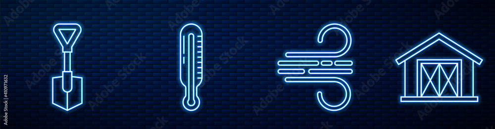 设置线路风、铲子、气象温度计、农舍和土豆。砖瓦上闪闪发光的霓虹灯图标