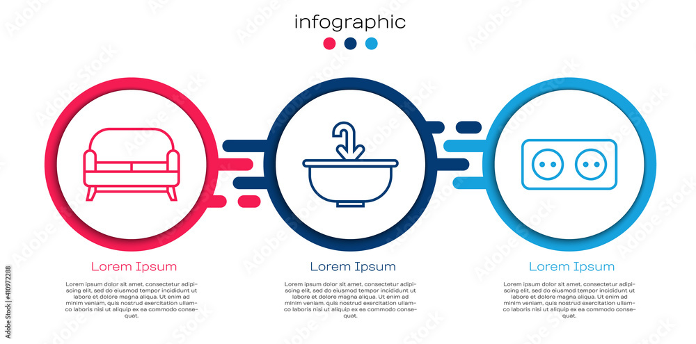 套装沙发、带水龙头和电源插座的洗手盆。商业信息图模板。Vector