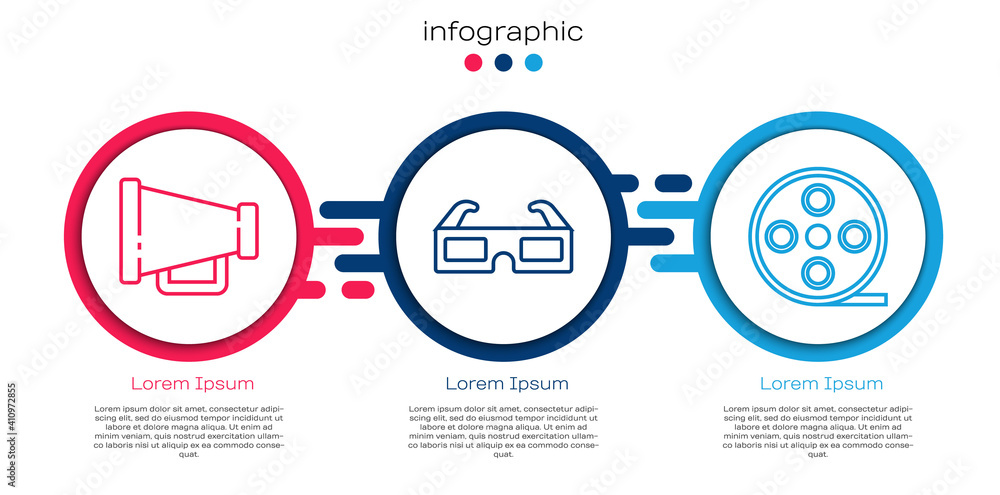 设置线扩音器、3D影院眼镜和胶卷。商业信息图模板。矢量。