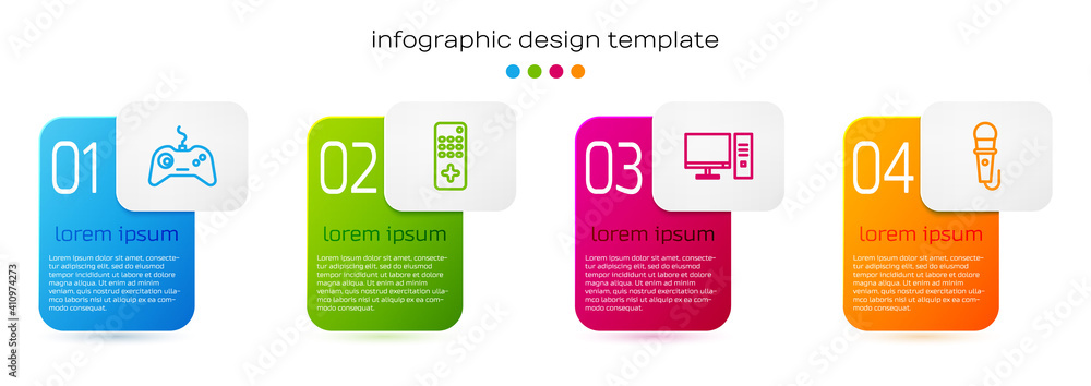 Set line Gamepad, Remote control, Computer monitor and Microphone. Business infographic template. Ve