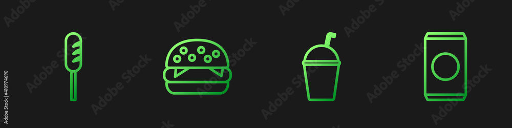 Set line Milkshake, Fried sausage, Burger and Soda can with straw. Gradient color icons. Vector.