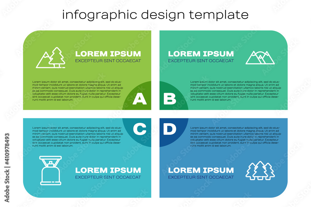 Set line Camping gas stove, Mountains with tree, Forest and . Business infographic template. Vector.