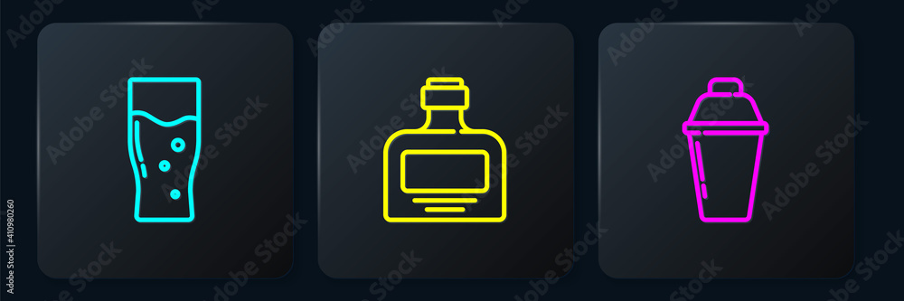 Set line Glass of beer, Cocktail shaker and Whiskey bottle. Black square button. Vector.