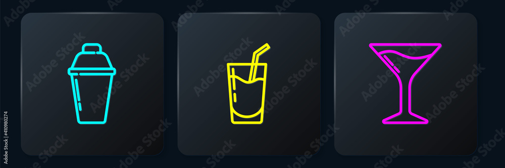 Set line Cocktail shaker, Martini glass and . Black square button. Vector.