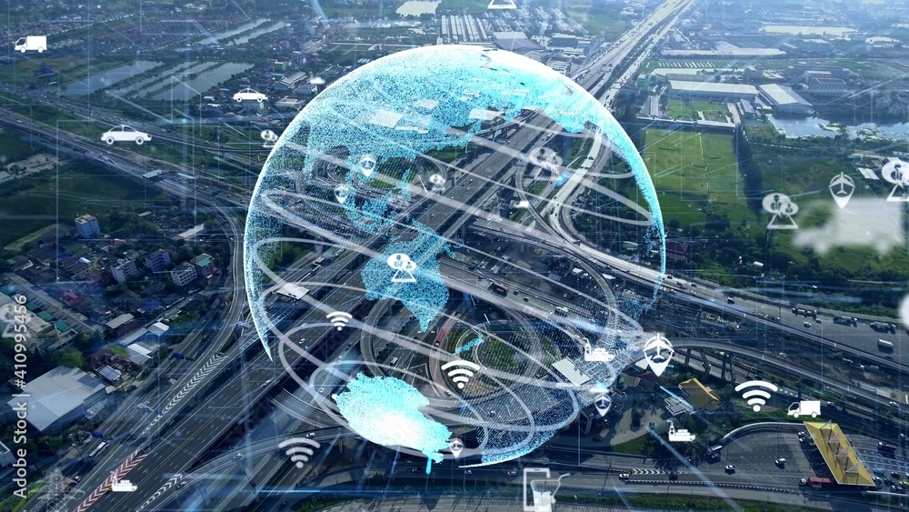 Global connection and traffic modernization in smart city . Concept of future 5G wireless digital co