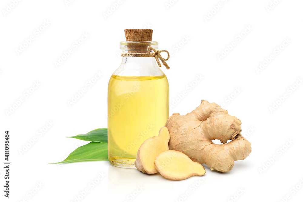 Ginger oil with  rhizome sliced and leaves isolated on white background.