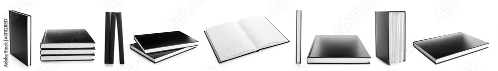 Set of books with black covers on white background