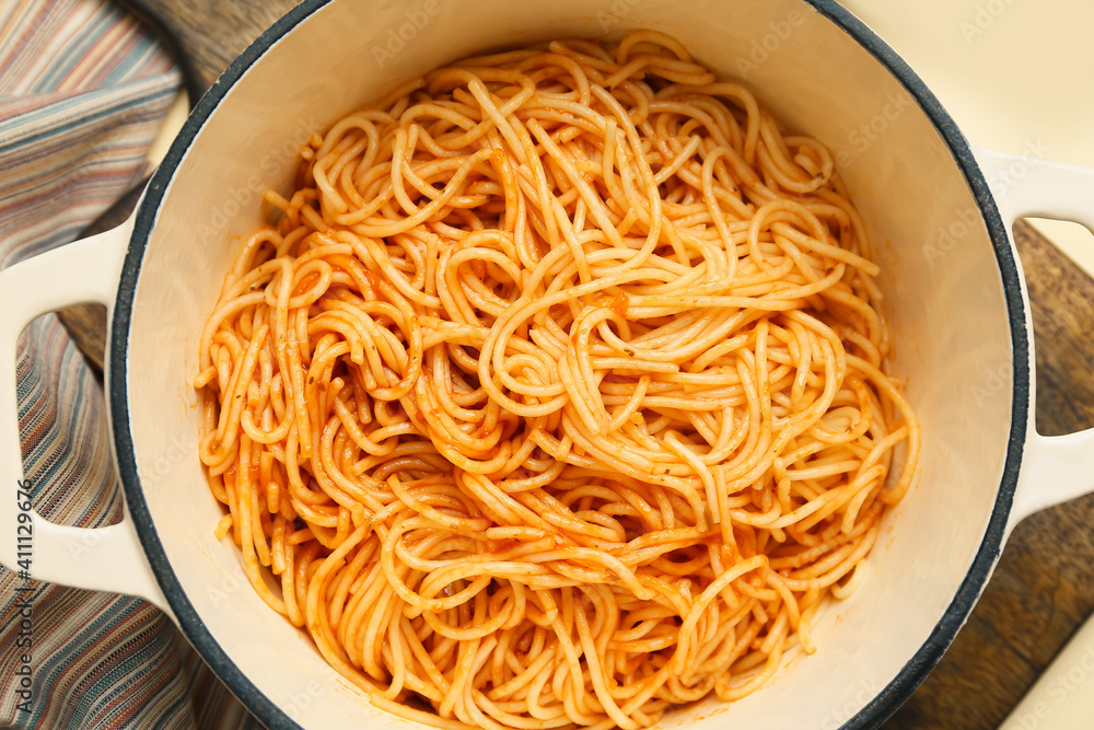 Cooking pot with pasta, closeup