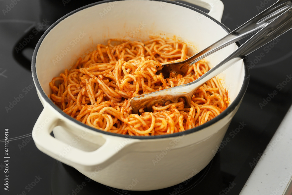 Cooking pot with pasta, closeup