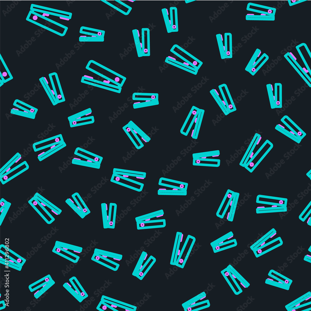 Line Office stapler icon isolated seamless pattern on black background. Stapler, staple, paper, card