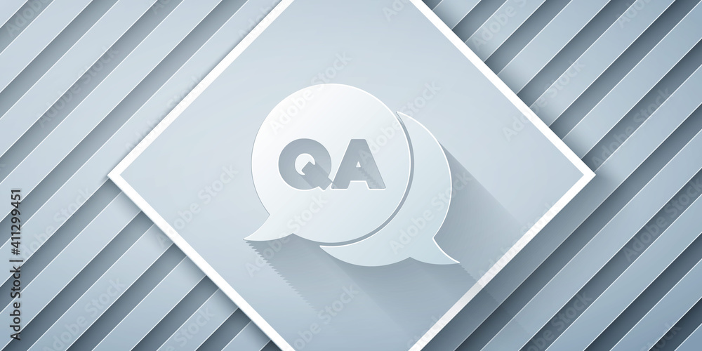 Paper cut Speech bubbles with Question and Answer icon isolated on grey background. Q and A symbol. 