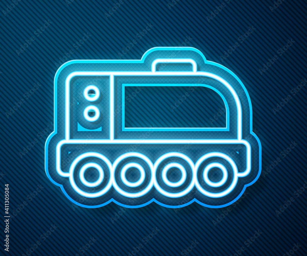 Glowing neon line Mars rover icon isolated on blue background. Space rover. Moonwalker sign. Apparat