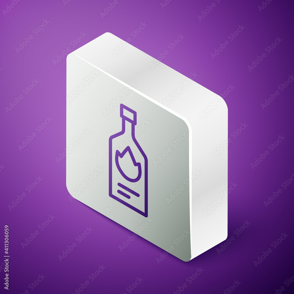 Isometric line Tabasco sauce icon isolated on purple background. Chili cayenne spicy pepper sauce. S