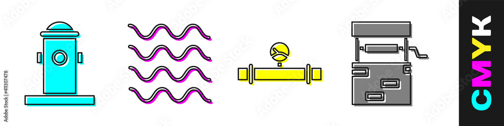 Set Fire hydrant, Wave, Industry pipe and manometer and Well icon. Vector.