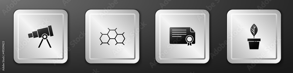 Set Telescope, Chemical formula, Certificate template and Plant in pot icon. Silver square button. V