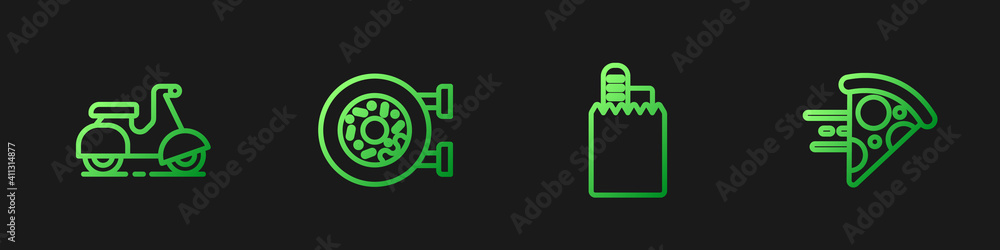 设置在线订购和配送、滑板车、甜甜圈和披萨。渐变色图标。矢量。