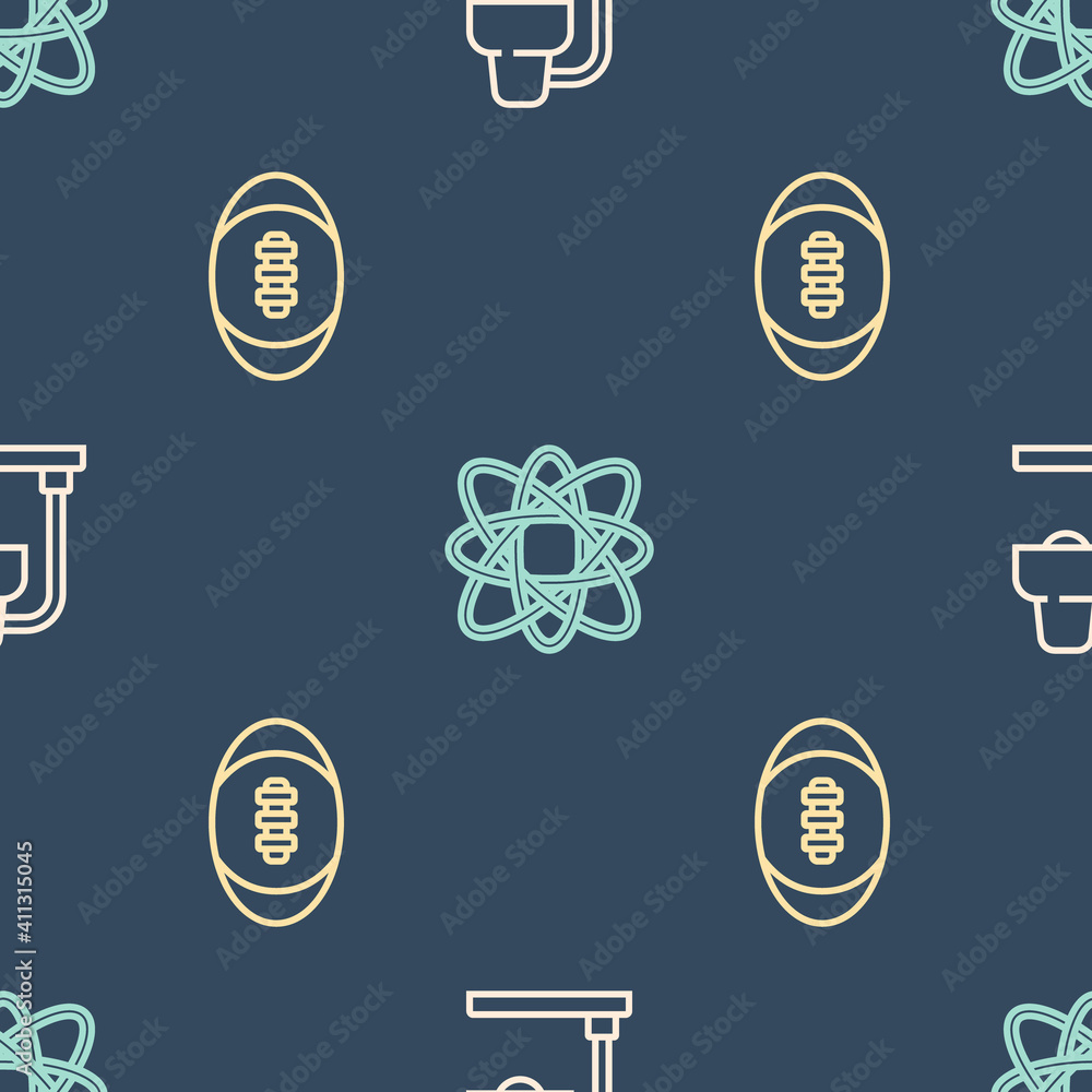 Set line Table lamp, American Football ball and Atom on seamless pattern. Vector.