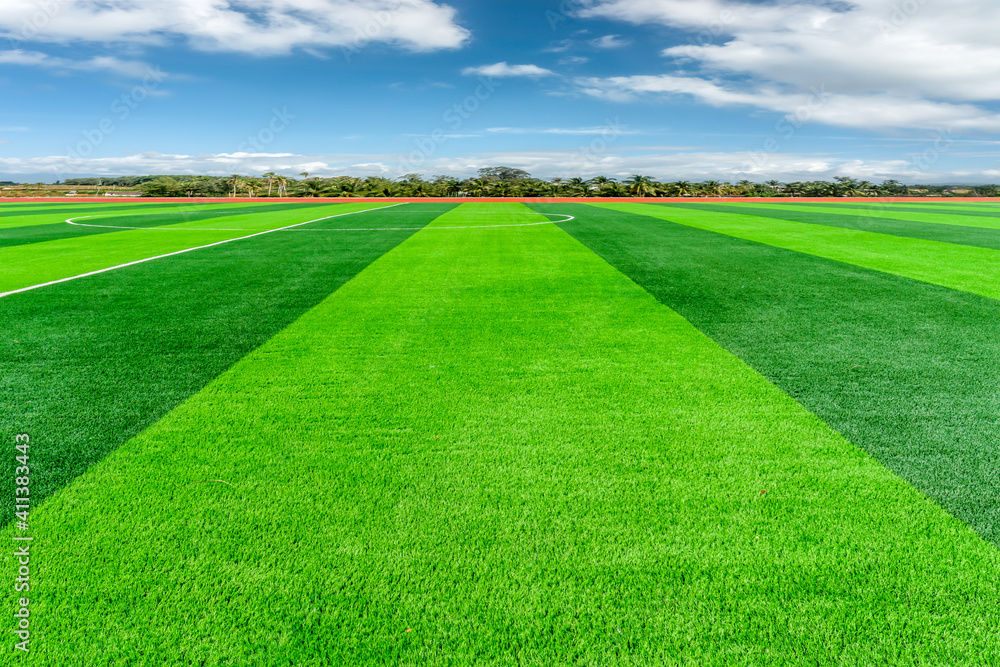 Football pitch and a cloudy sky. Green field.