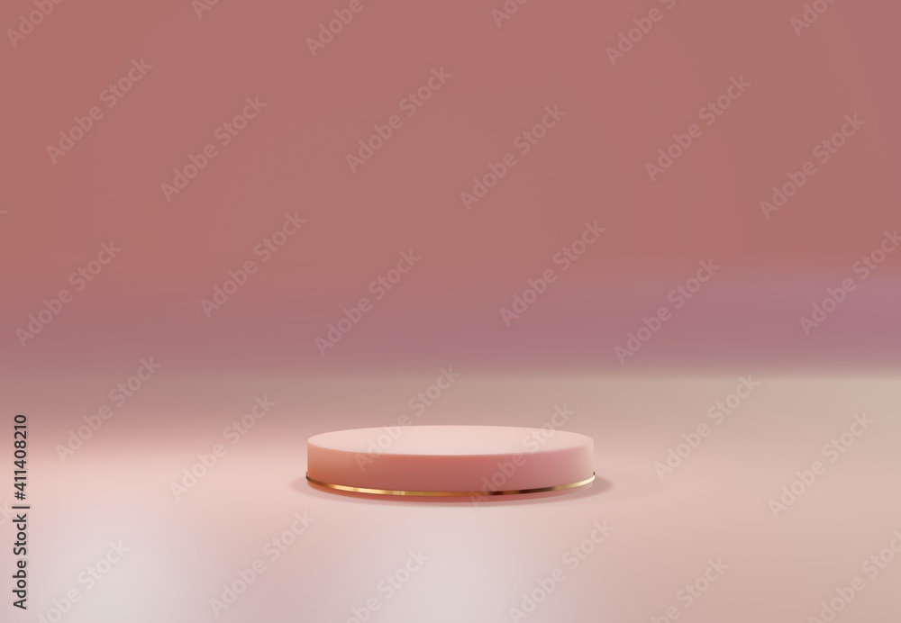 Rose gold pedestal over pink pastel natural background. . Trendy empty podium display for cosmetic p