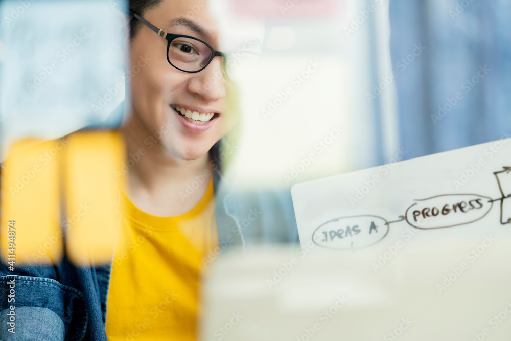 Smart attractive positive asian business male wearing glasses work remote new normal lifestyle hand 