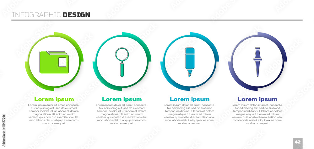 Set Document folder, Magnifying glass, Marker pen and Push pin. Business infographic template. Vecto