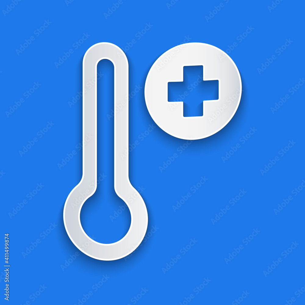 Paper cut Meteorology thermometer measuring icon isolated on blue background. Thermometer equipment 