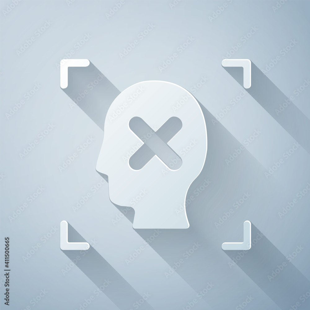 Paper cut Rejection face recognition icon isolated on grey background. Face identification scanner i